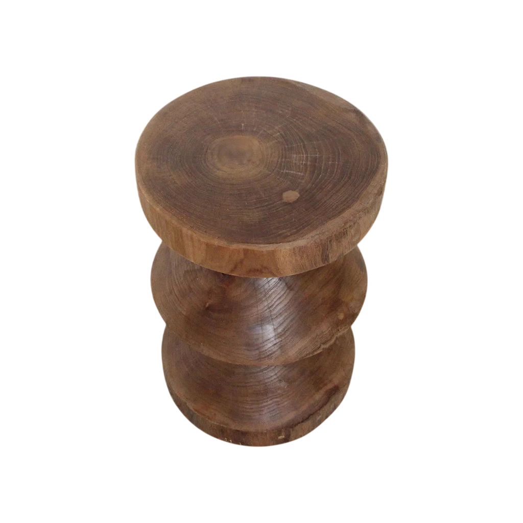 Tabouret en teck massif forme sablier, finition naturelle, H45 cm