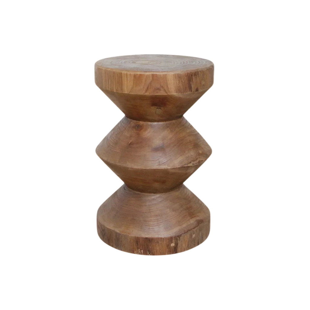 Tabouret en teck massif sablier, H45 cm, finition naturelle