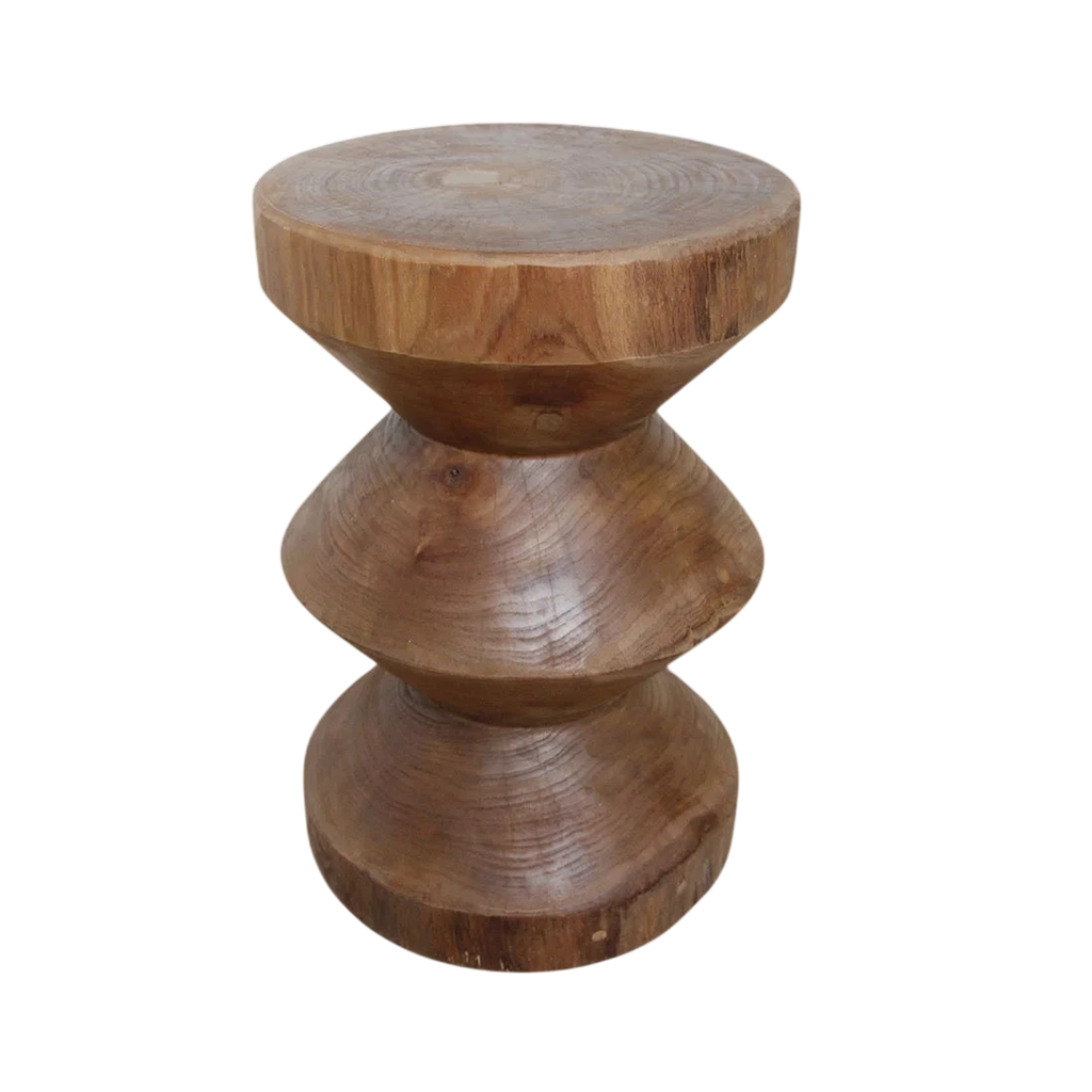 Tabouret en teck massif forme sablier naturel, H45 cm