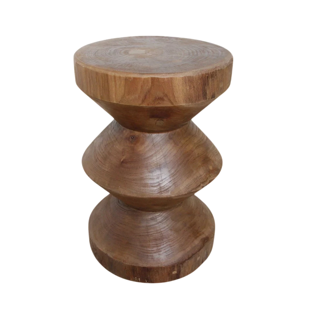 Tabouret en teck massif forme sablier naturel, H45 cm