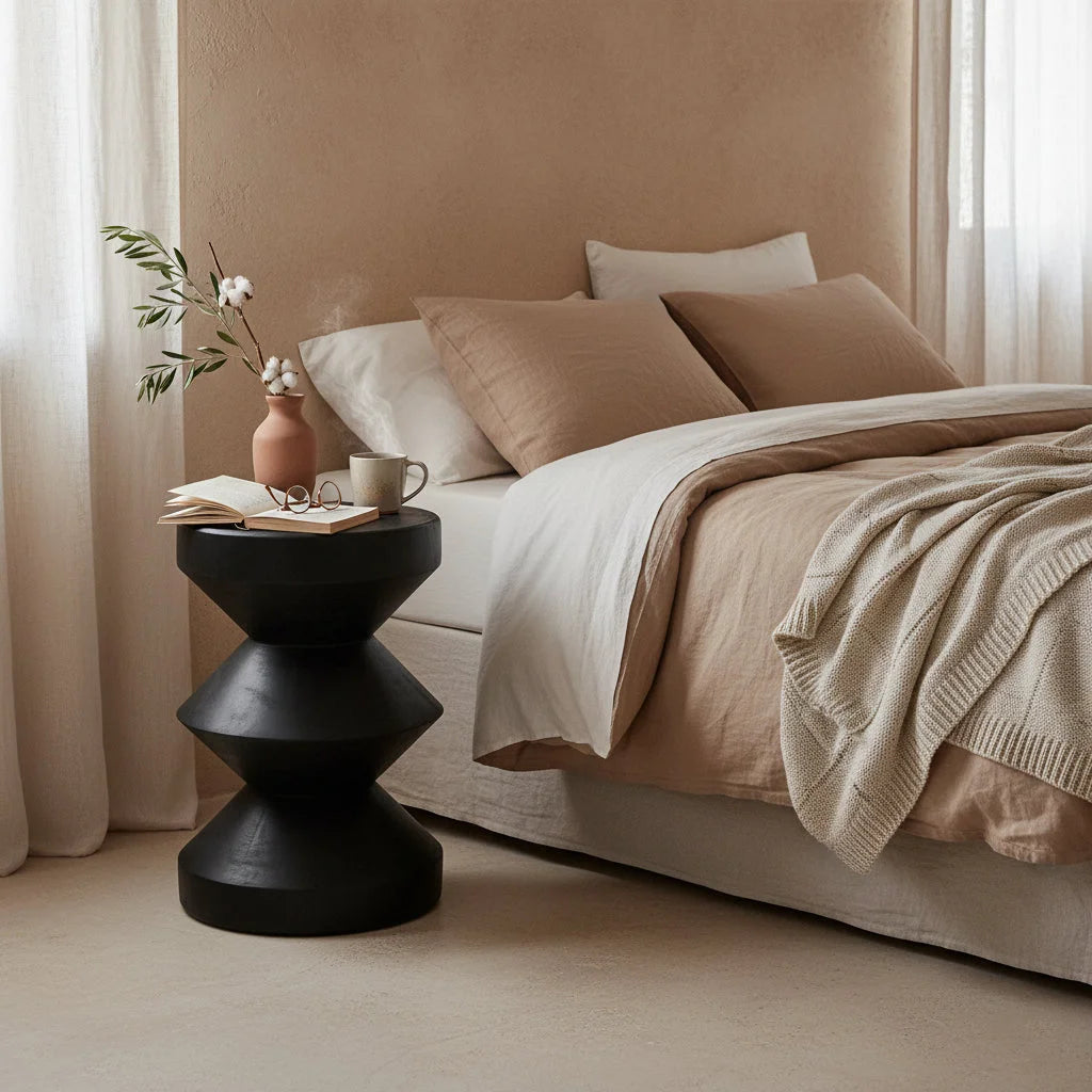 Table d’appoint en teck noir forme sablier sculptée, H45 cm