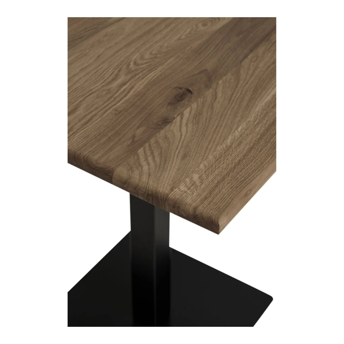 Table haute en chêne fumé 70x70 cm avec base métal noir