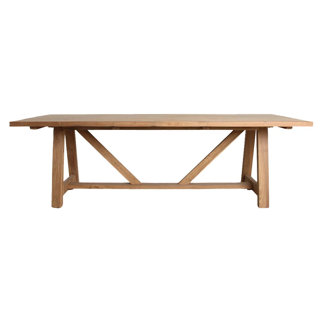 Table de jardin en teck massif pieds tréteaux 240x100 cm rustique