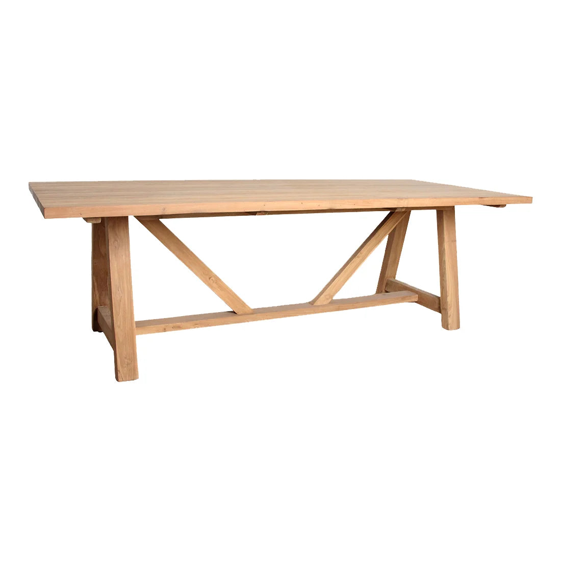 Table de jardin en teck massif 240x100 cm pieds tréteaux rustique