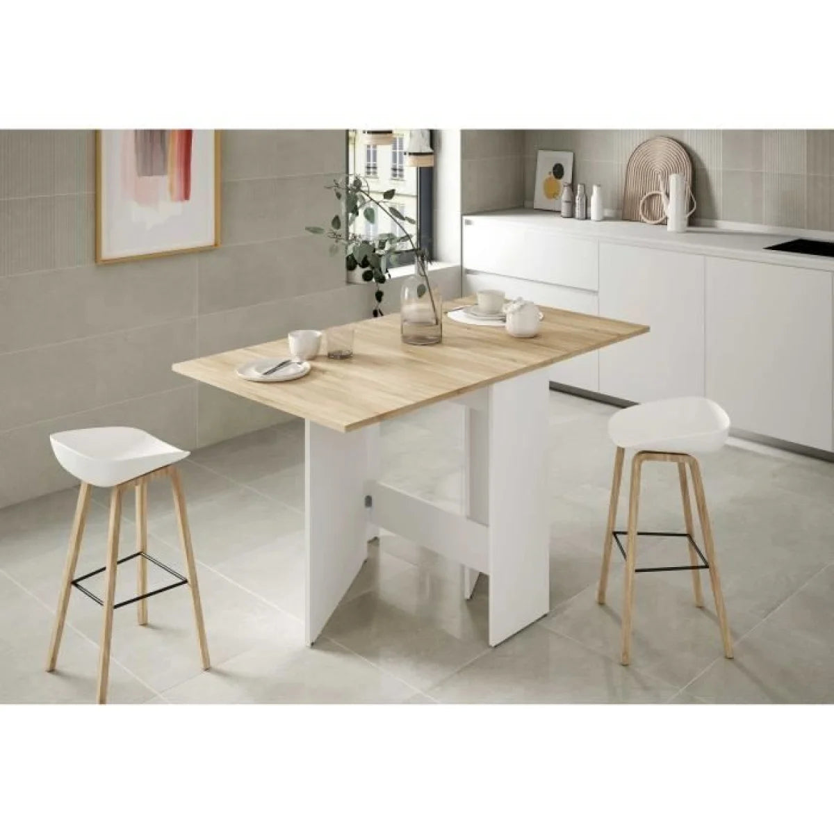 Table pliante en bois clair et blanc, design moderne et minimaliste, 140x77 cm