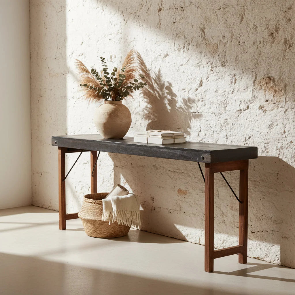 Table pliante en bois et métal noir à pieds tréteaux, 170x40 cm
