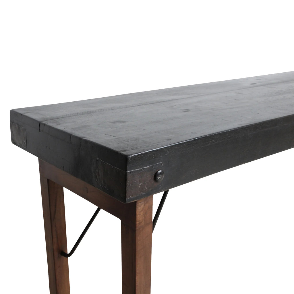 Table pliante industrielle en bois gris patiné et métal noir, 170x40 cm