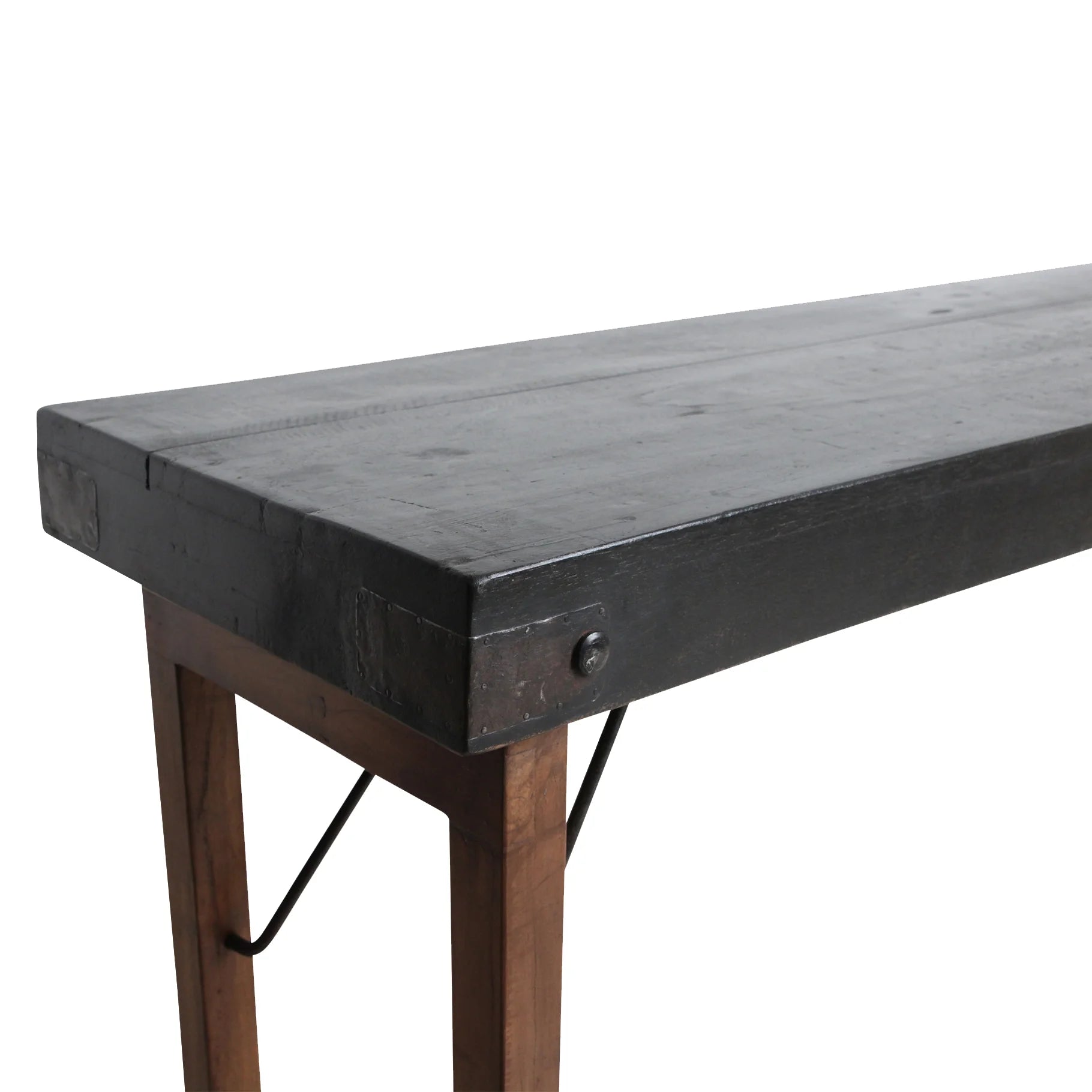 Table pliante industrielle en bois gris patiné et métal noir, 170x40 cm