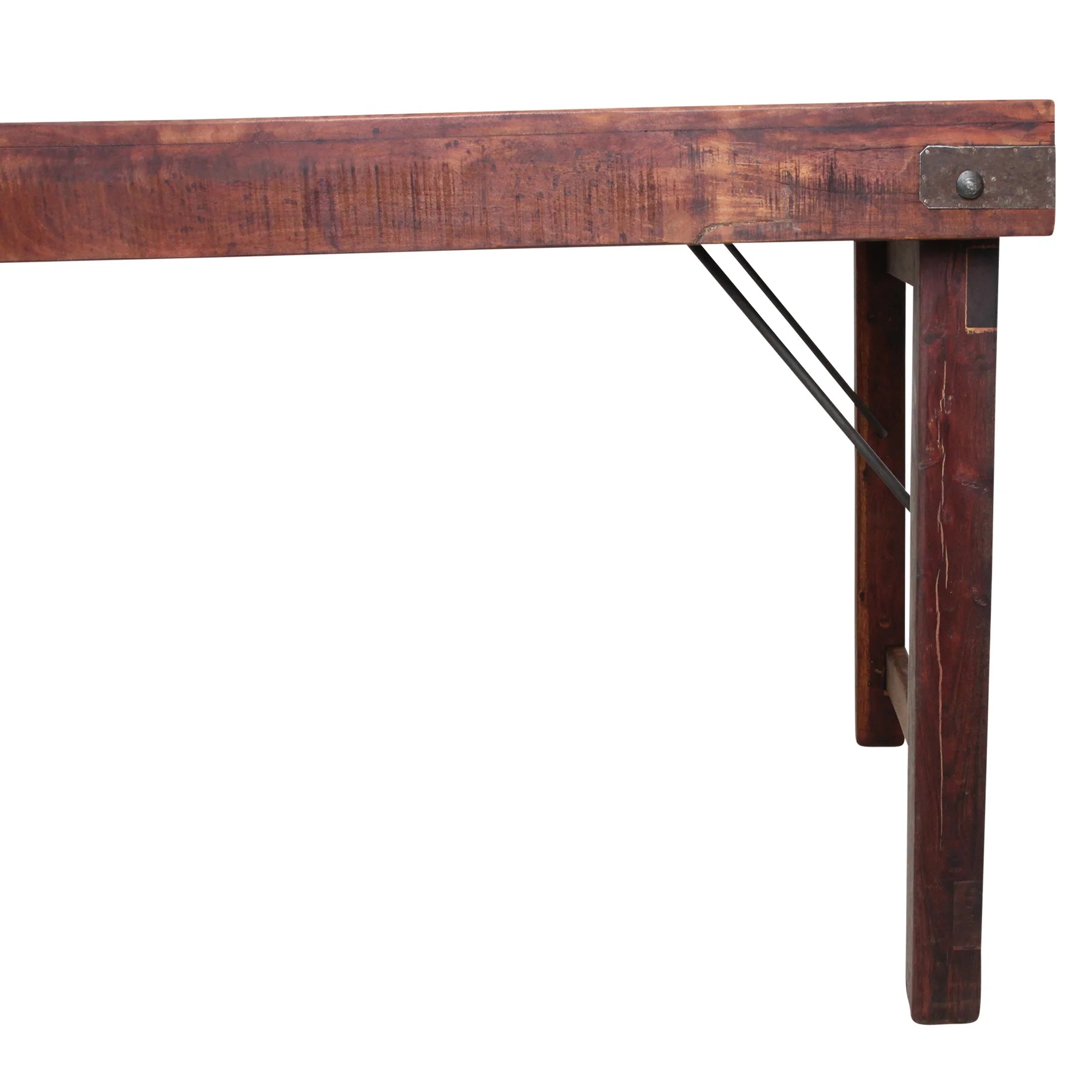 Pied de table en bois recyclé brun avec grain visible et fixation métallique