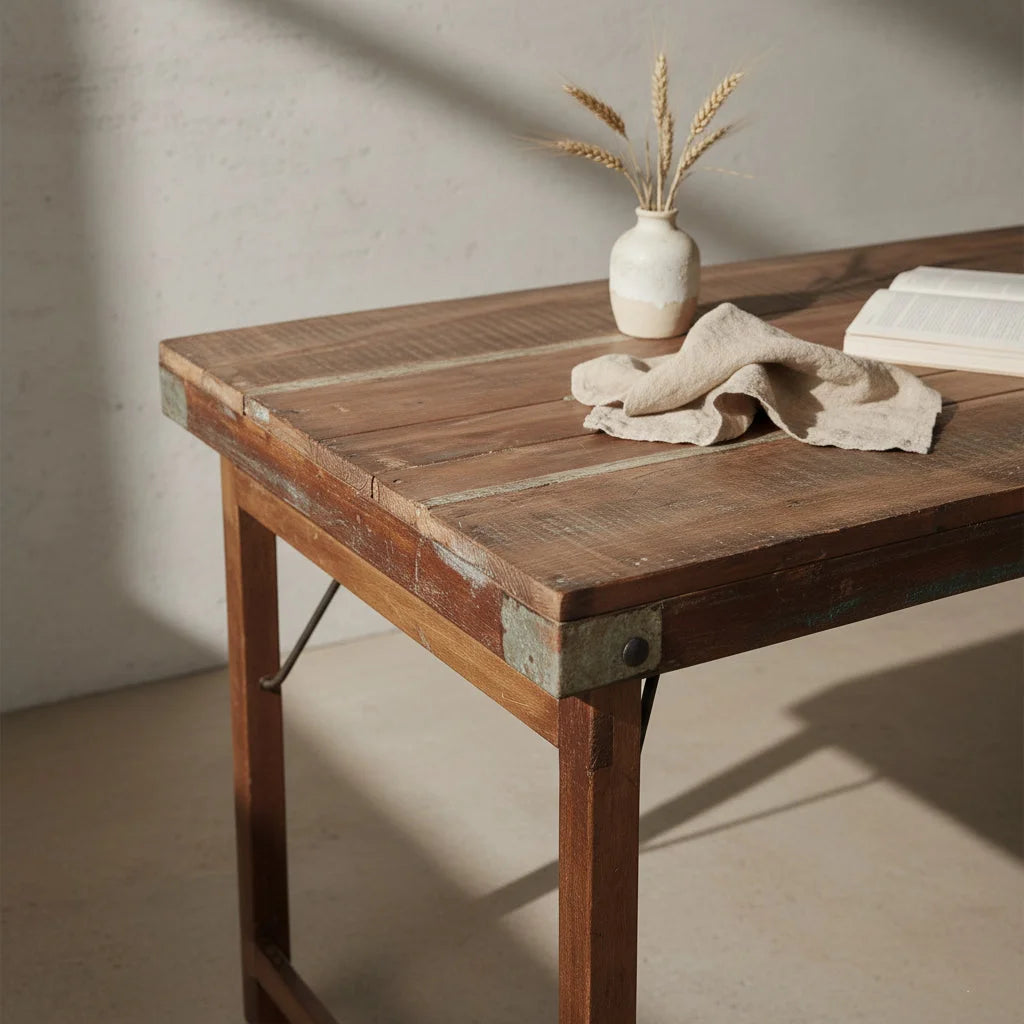 Table pliante en bois recyclé brun avec piètement métal 190x80 cm