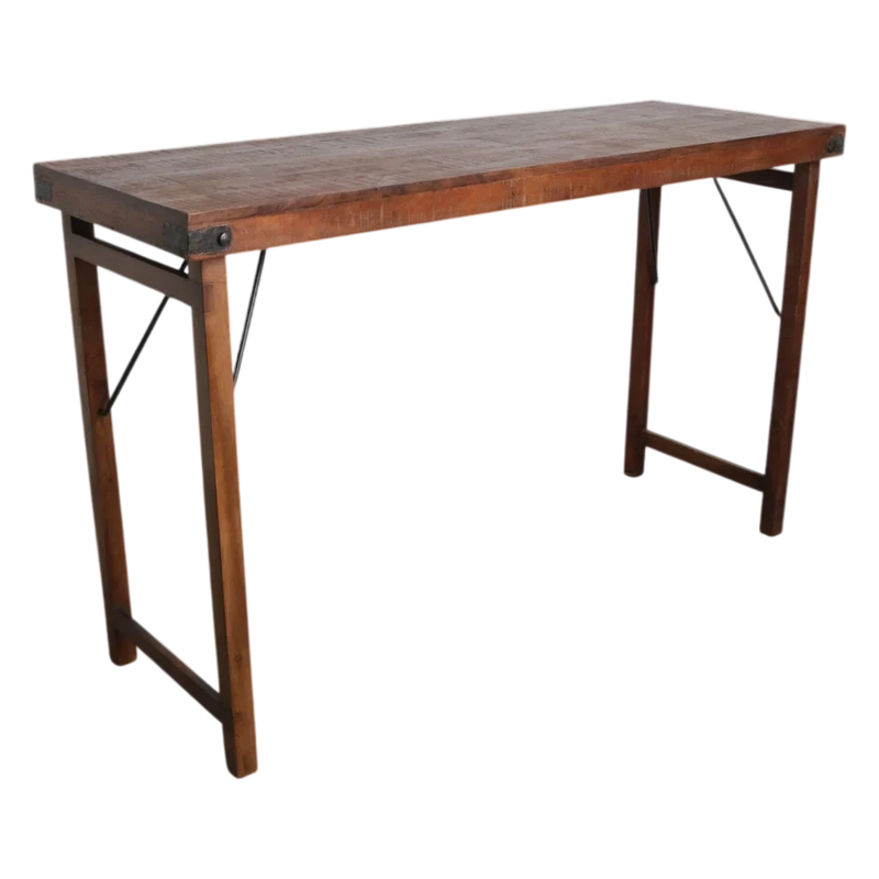 Table pliante en bois vintage brune avec piètement métal – 170x60 cm