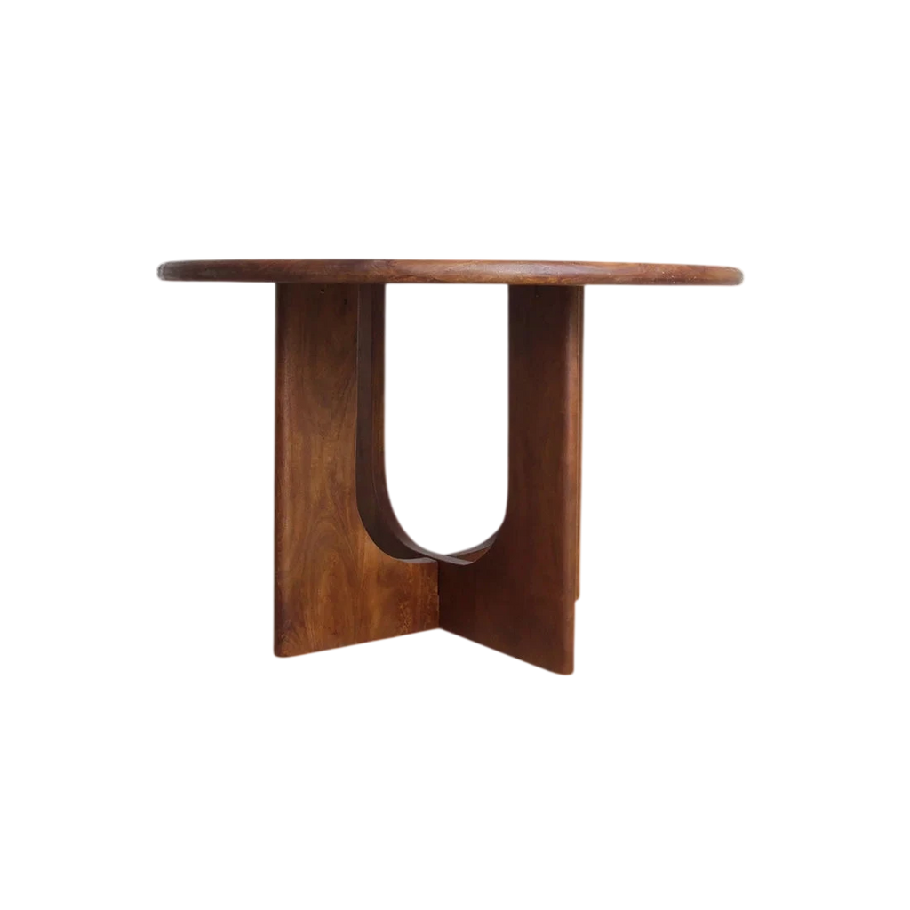 Table ronde en bois massif brun, pied sculptural croisé, Ø120 cm