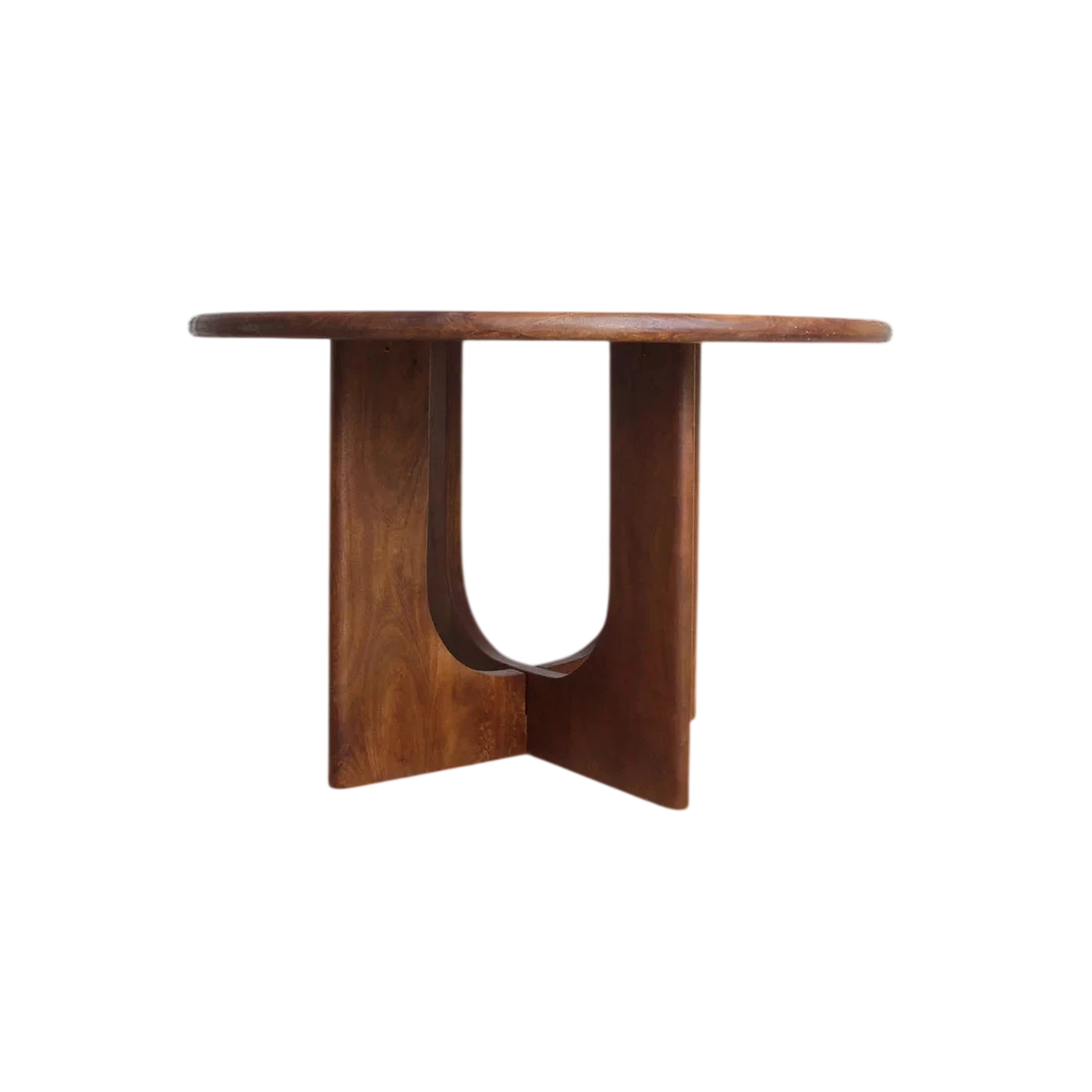 Table ronde en bois massif brun, pied sculptural croisé, Ø120 cm