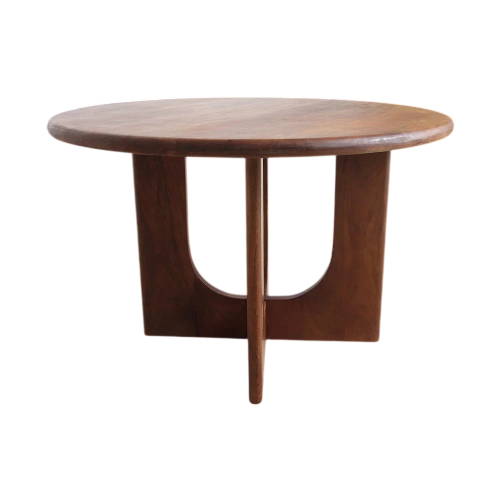 Table ronde en bois massif brun avec pieds sculpturaux croisés, Ø120 cm
