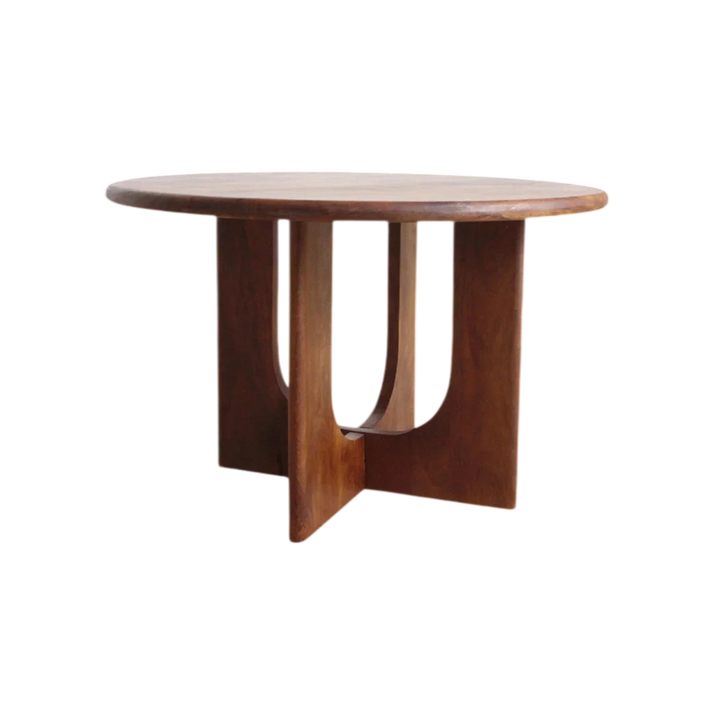 Table ronde en bois massif brun avec pieds en U sculpturaux, Ø120 cm