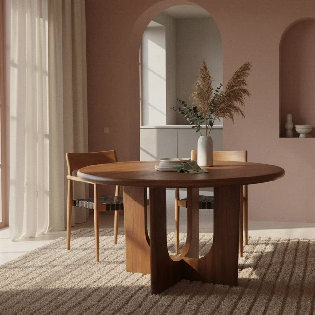 Table ronde en bois massif brun, pied sculptural croisé, Ø120 cm