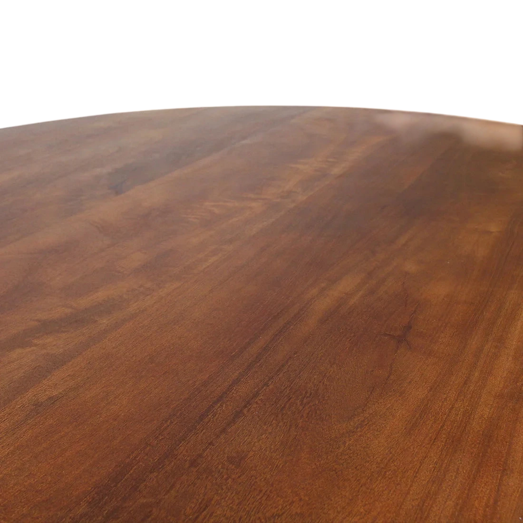 Surface en bois massif brun chaleureux, grain naturel lisse, table ronde Ø120 cm