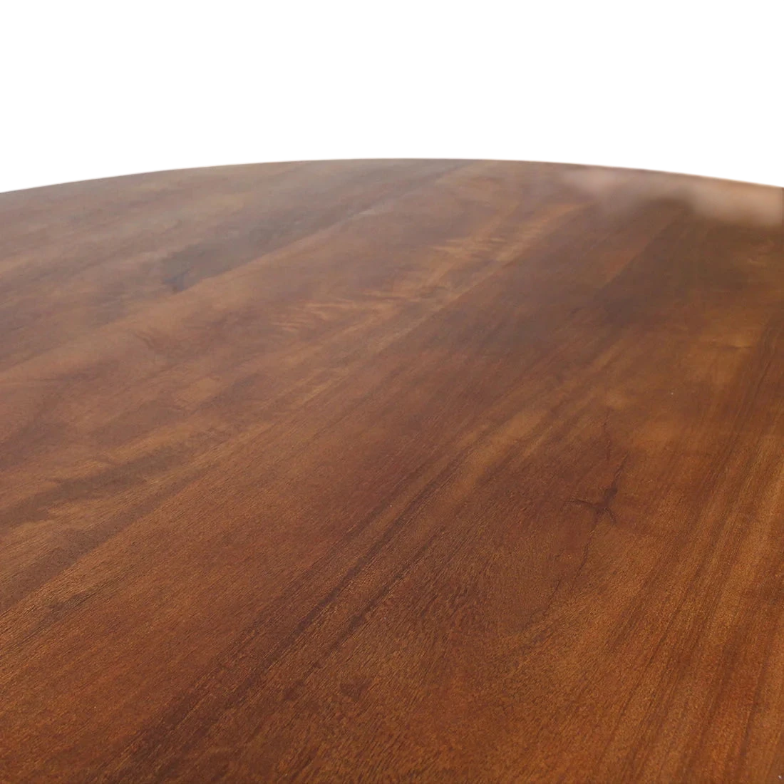 Surface en bois massif brun chaleureux, grain naturel lisse, table ronde Ø120 cm