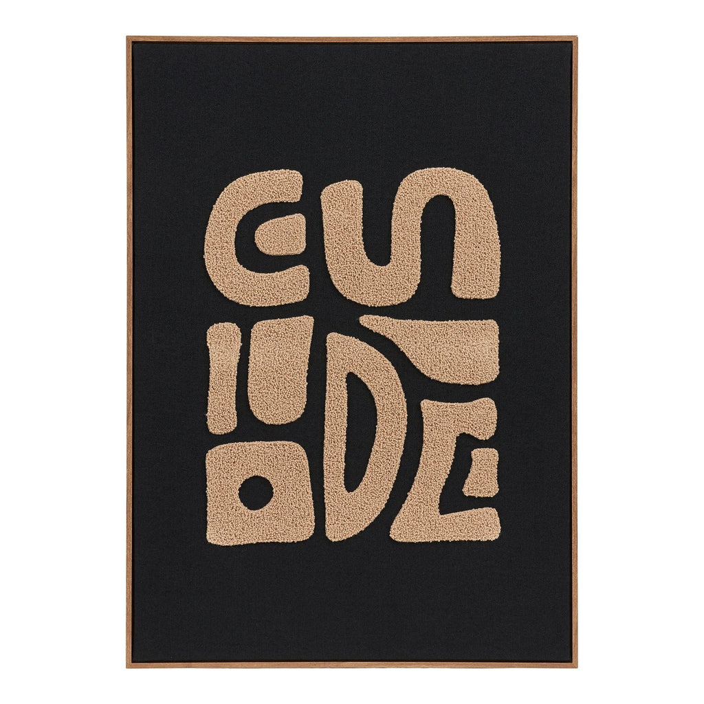 Tableau mural tufté noir et beige avec mot guide en relief organique, 50x70 cm