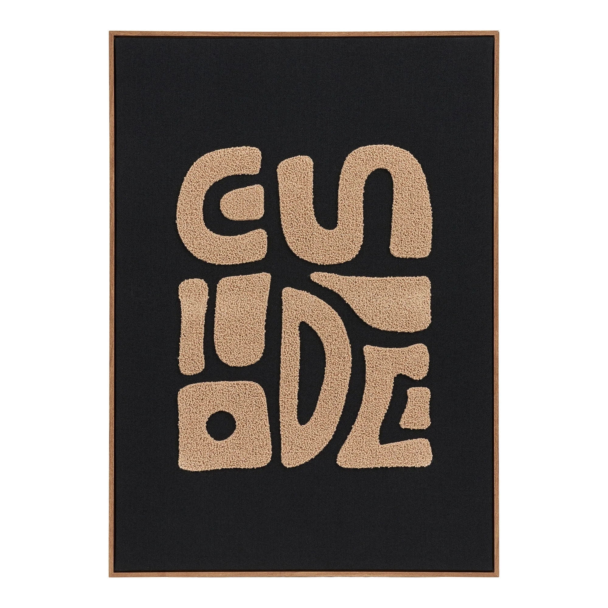 Tableau mural tufté noir et beige avec mot guide en relief organique, 50x70 cm