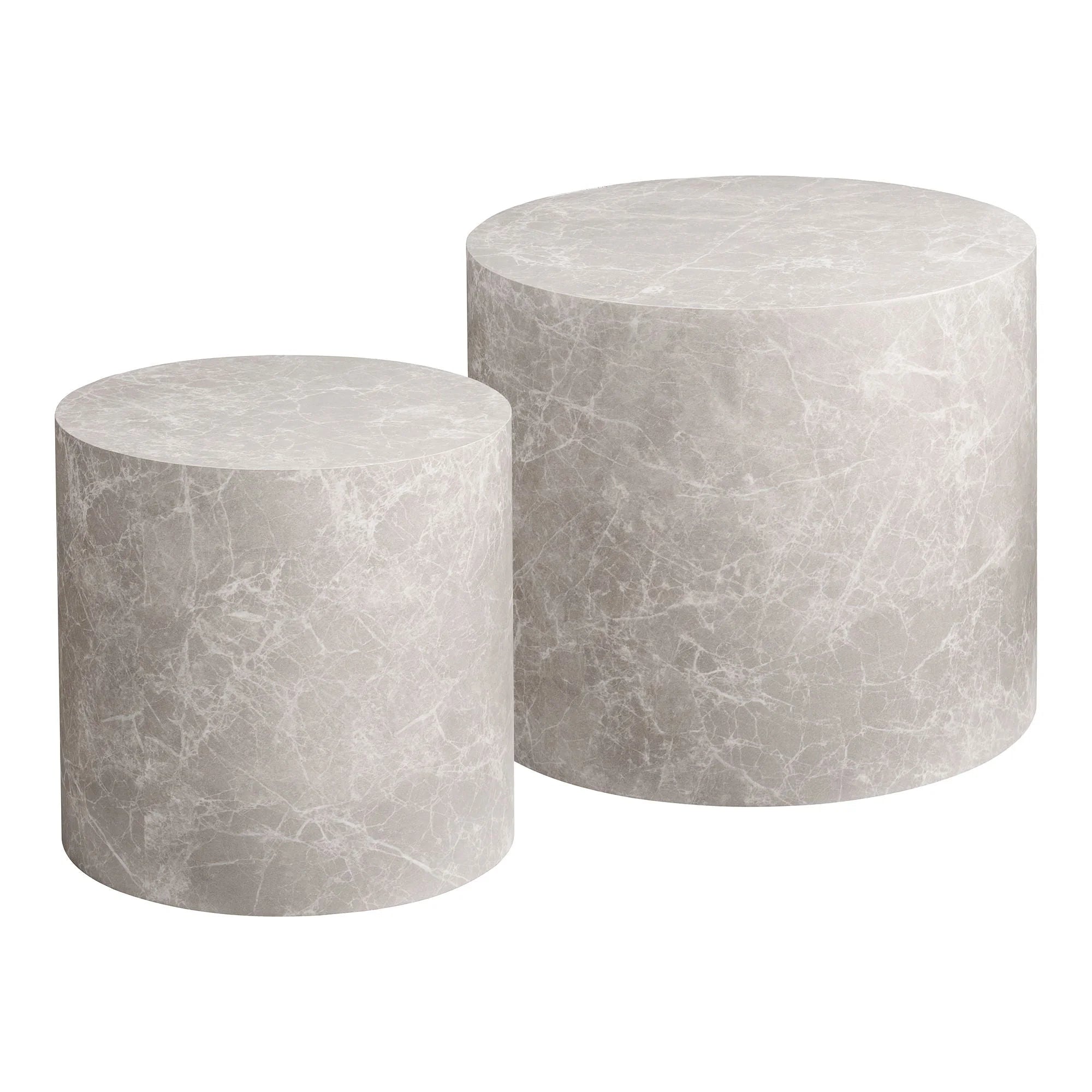 Lot de 2 tables basses rondes effet marbre gris clair en MDF cylindriques
