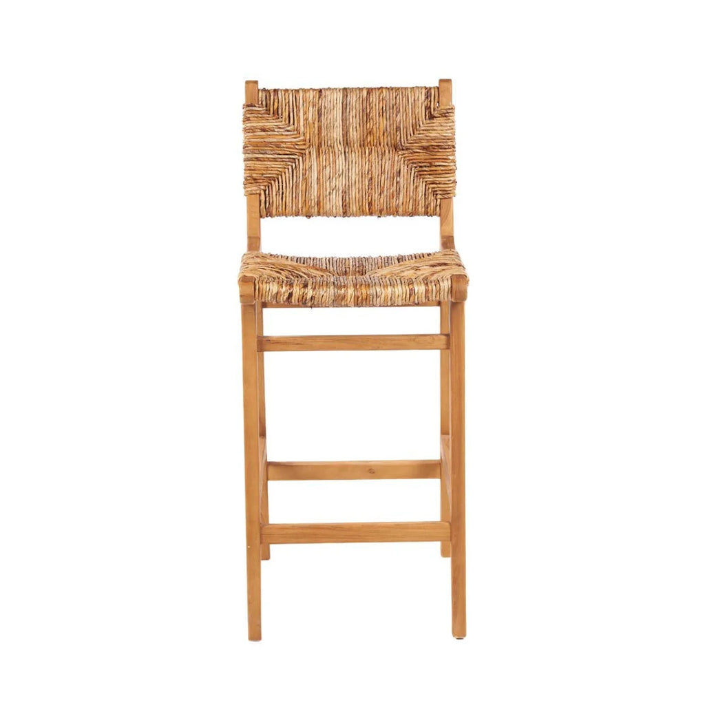 Tabouret de bar en bois recyclé et rotin tressé naturel avec dossier