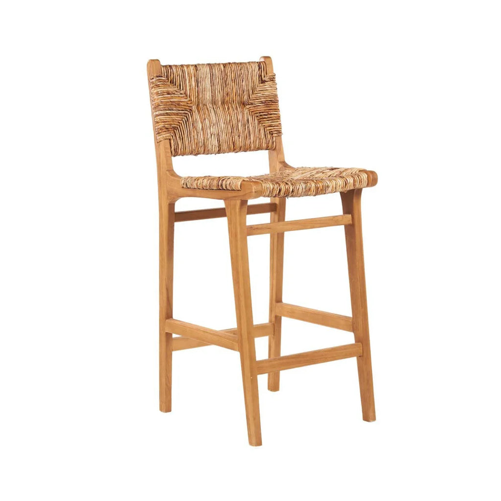 Tabouret de bar en bois recyclé et rotin tressé naturel avec dossier