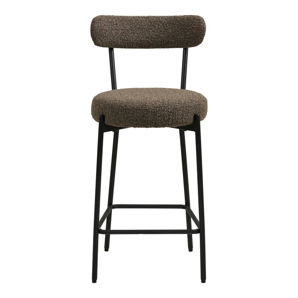 Tabouret de bar en bouclé taupe avec dossier arrondi et pieds métal noir