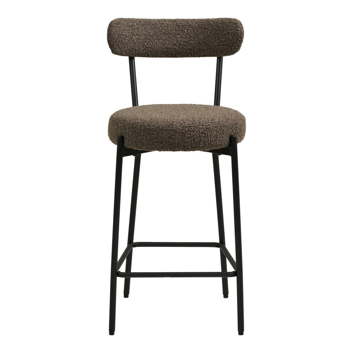 Tabouret de bar en bouclé taupe avec dossier arrondi et pieds métal noir
