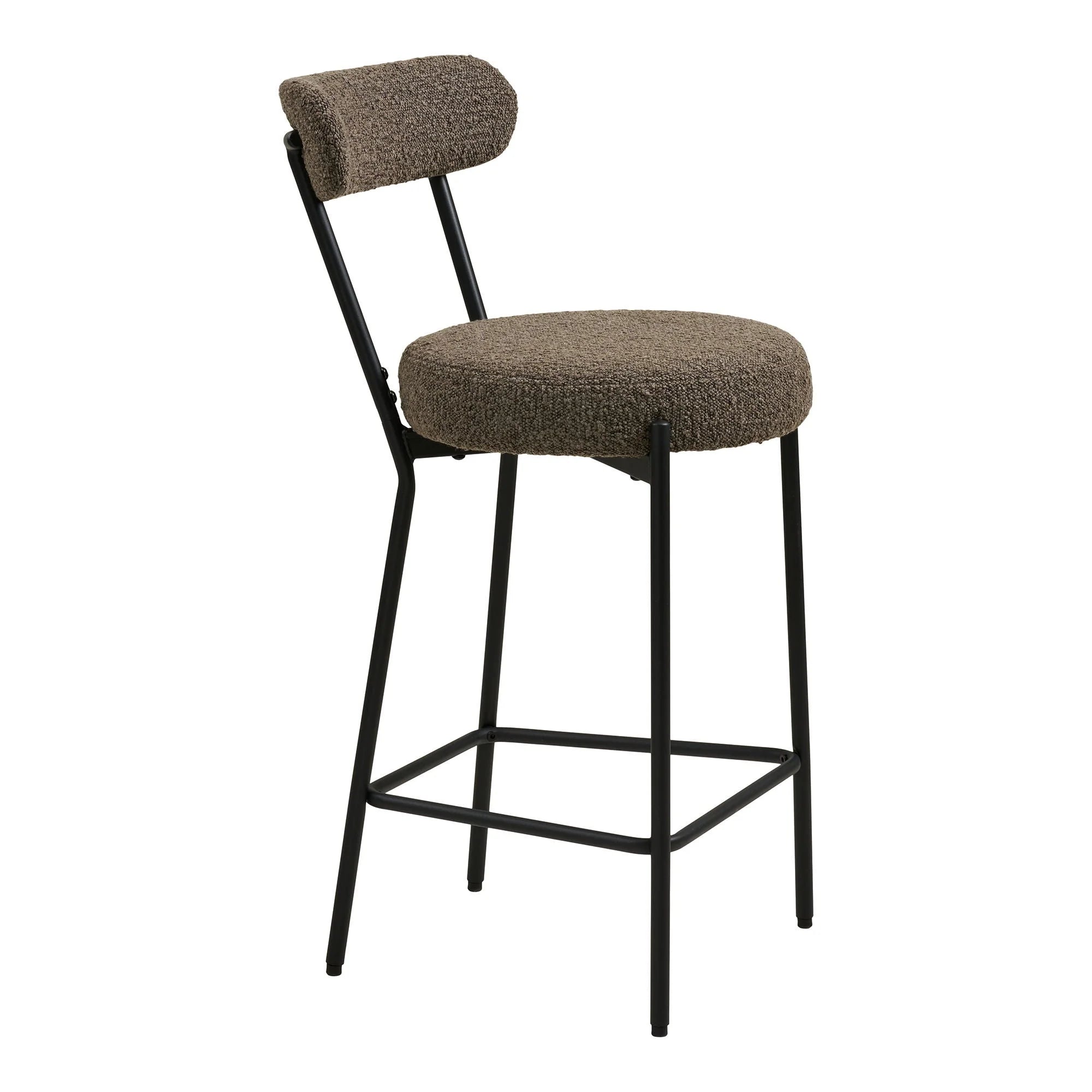 Tabouret de bar en bouclé taupe avec dossier arrondi et pieds en métal noir