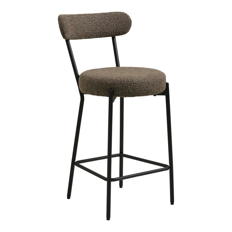 Tabouret de bar en bouclé taupe avec dossier arrondi et pieds métal noir