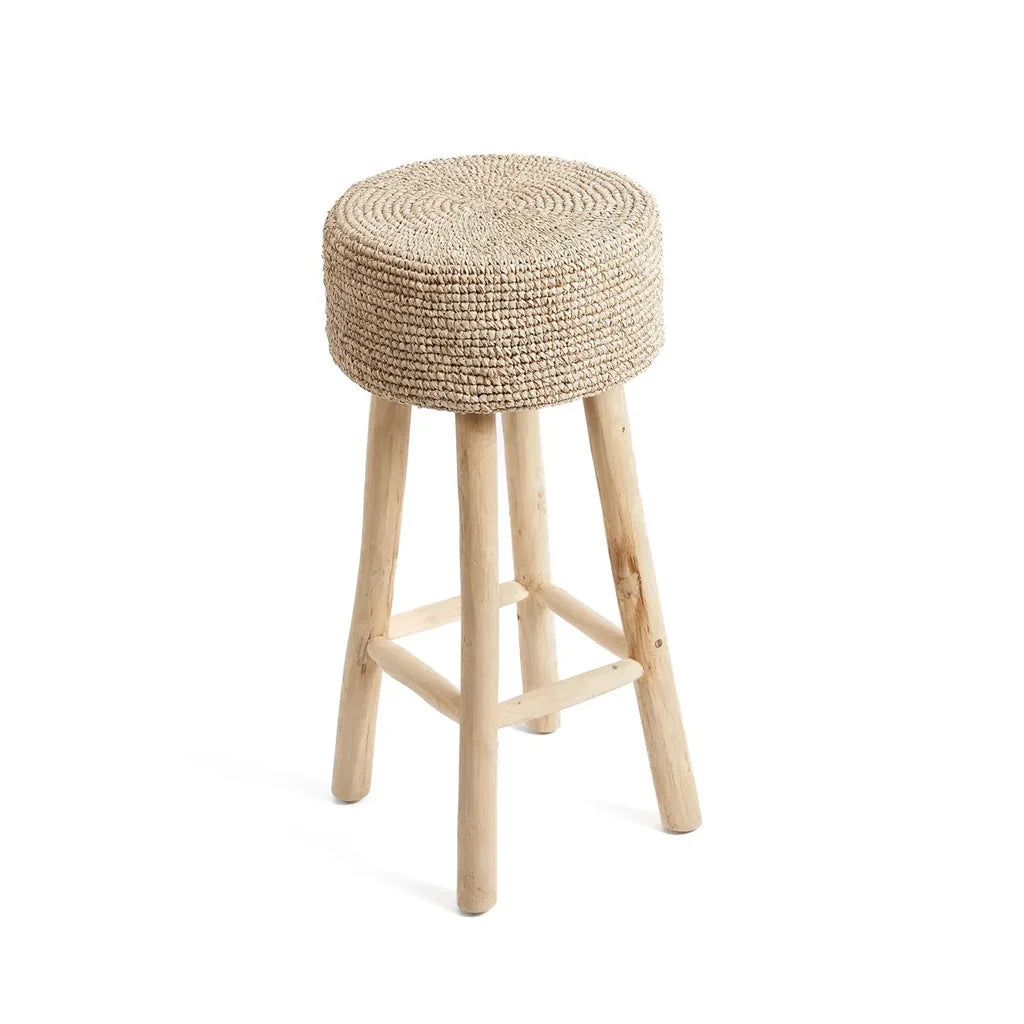 Tabouret de bar en raphia avec dessus en tissage en bois naturel