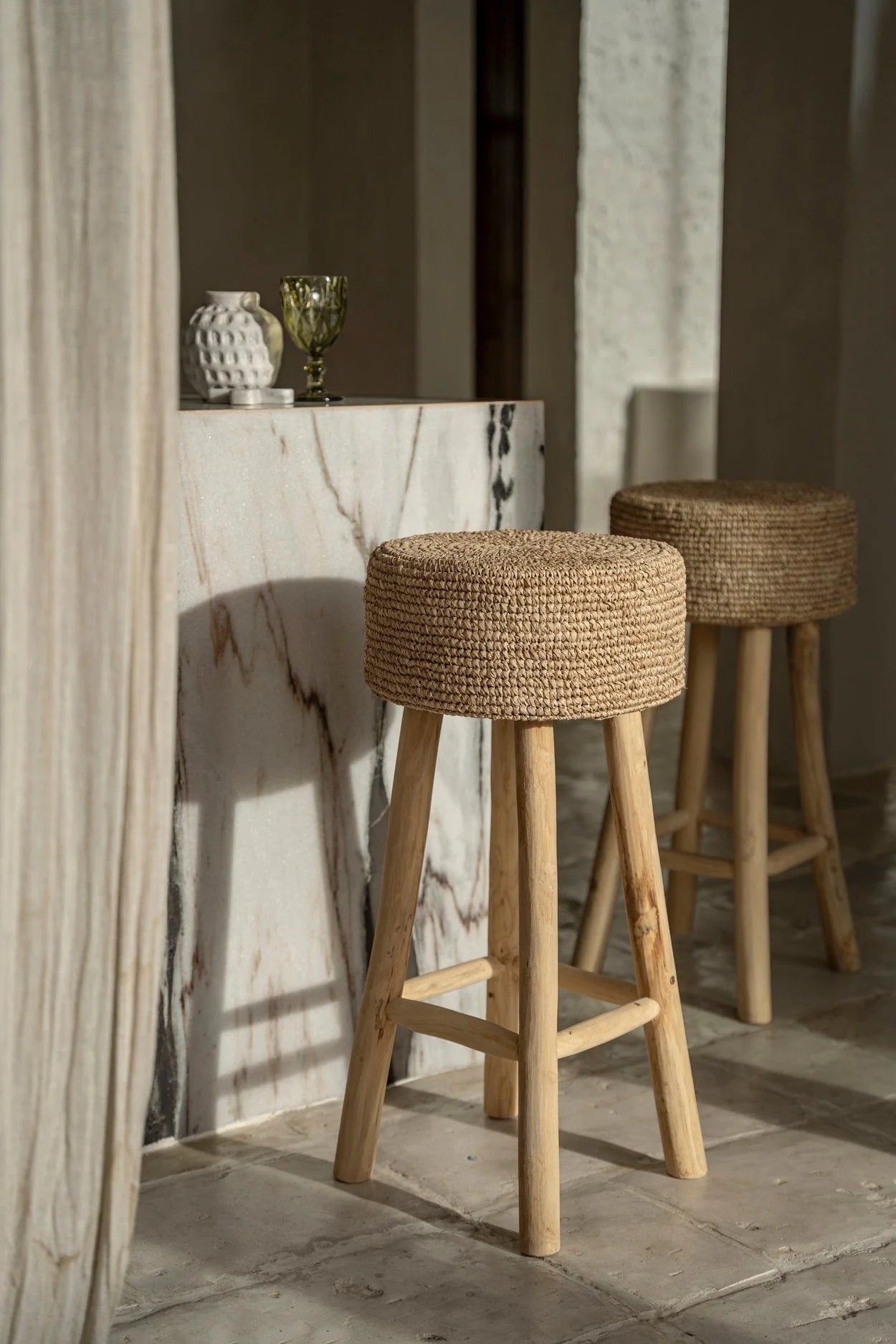 Tabouret de bar en raphia tressé – Naturel – H75 cm
