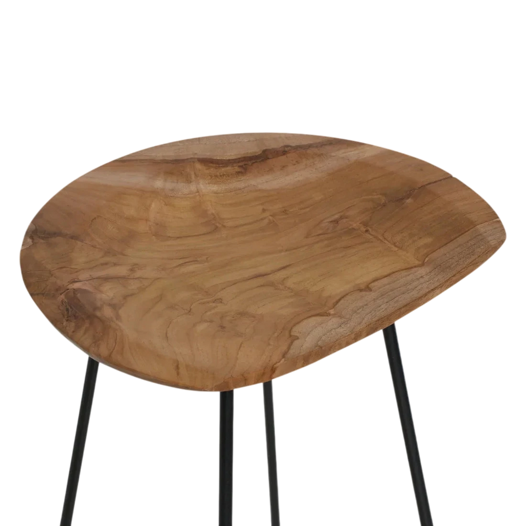 Tabouret de bar rond en teck massif et métal noir mat, H77 cm
