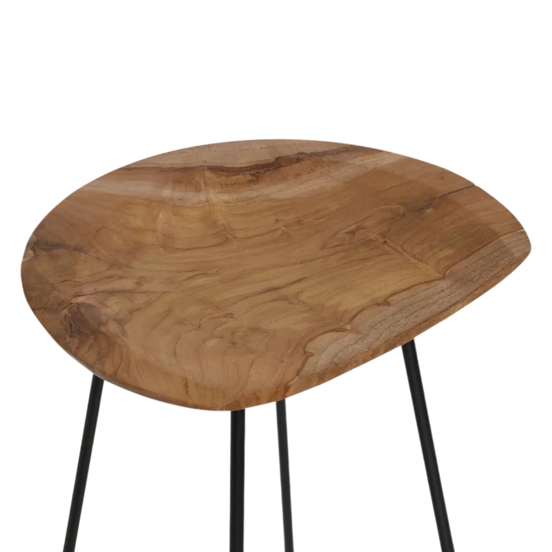 Tabouret de bar rond en teck massif et métal noir mat, H77 cm
