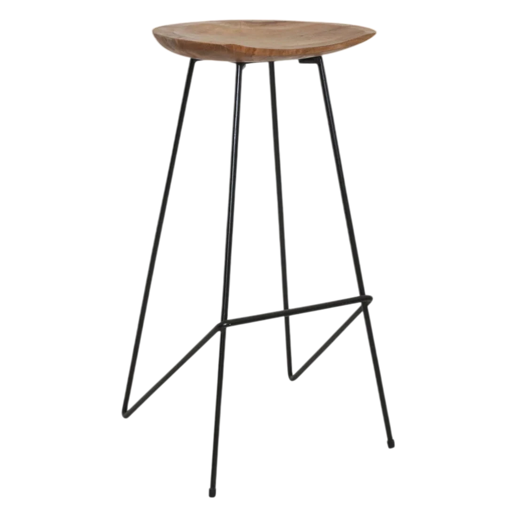 Tabouret de bar rond en teck massif et métal noir mat, H77 cm