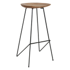 Tabouret de bar rond en teck massif et métal noir mat, H77 cm