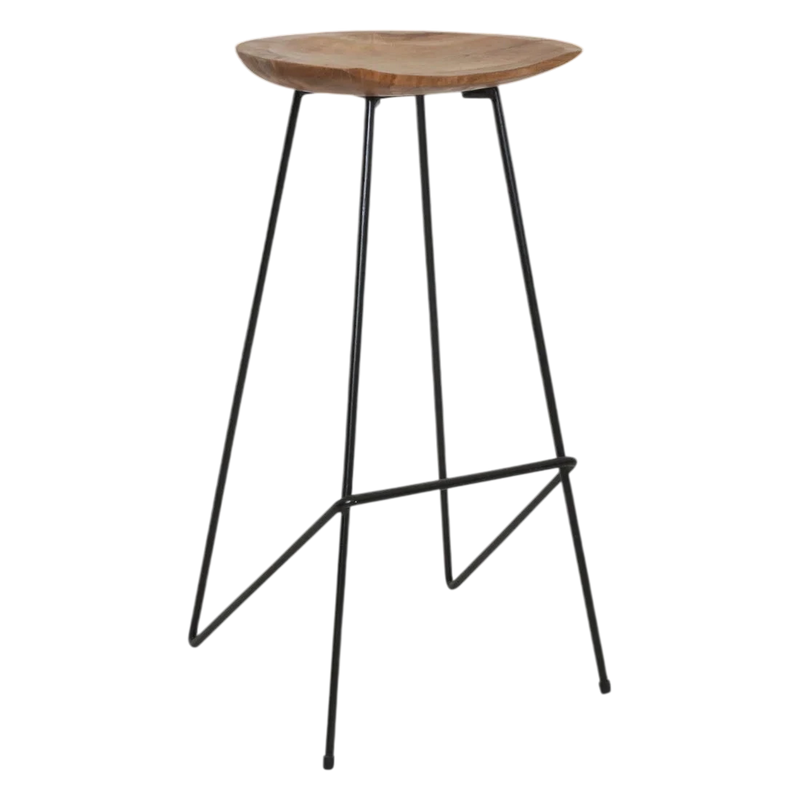 Tabouret de bar rond en teck massif et métal noir mat – H77 cm