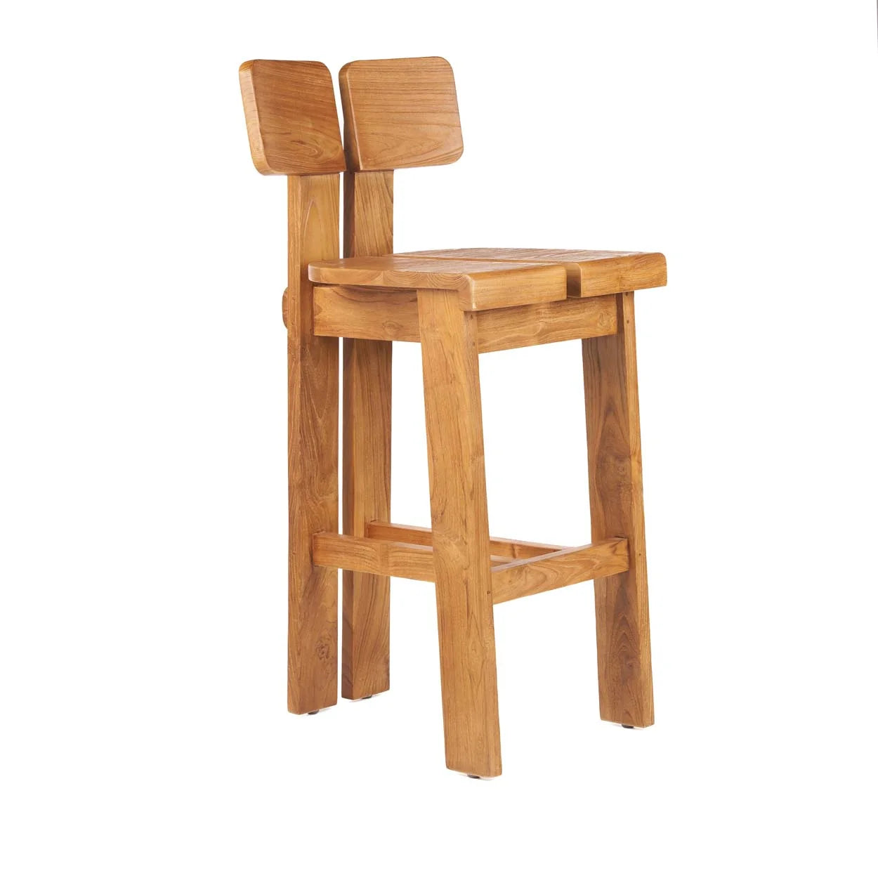 Tabouret de bar en teck naturel avec dossier, 108 cm intérieur/extérieur