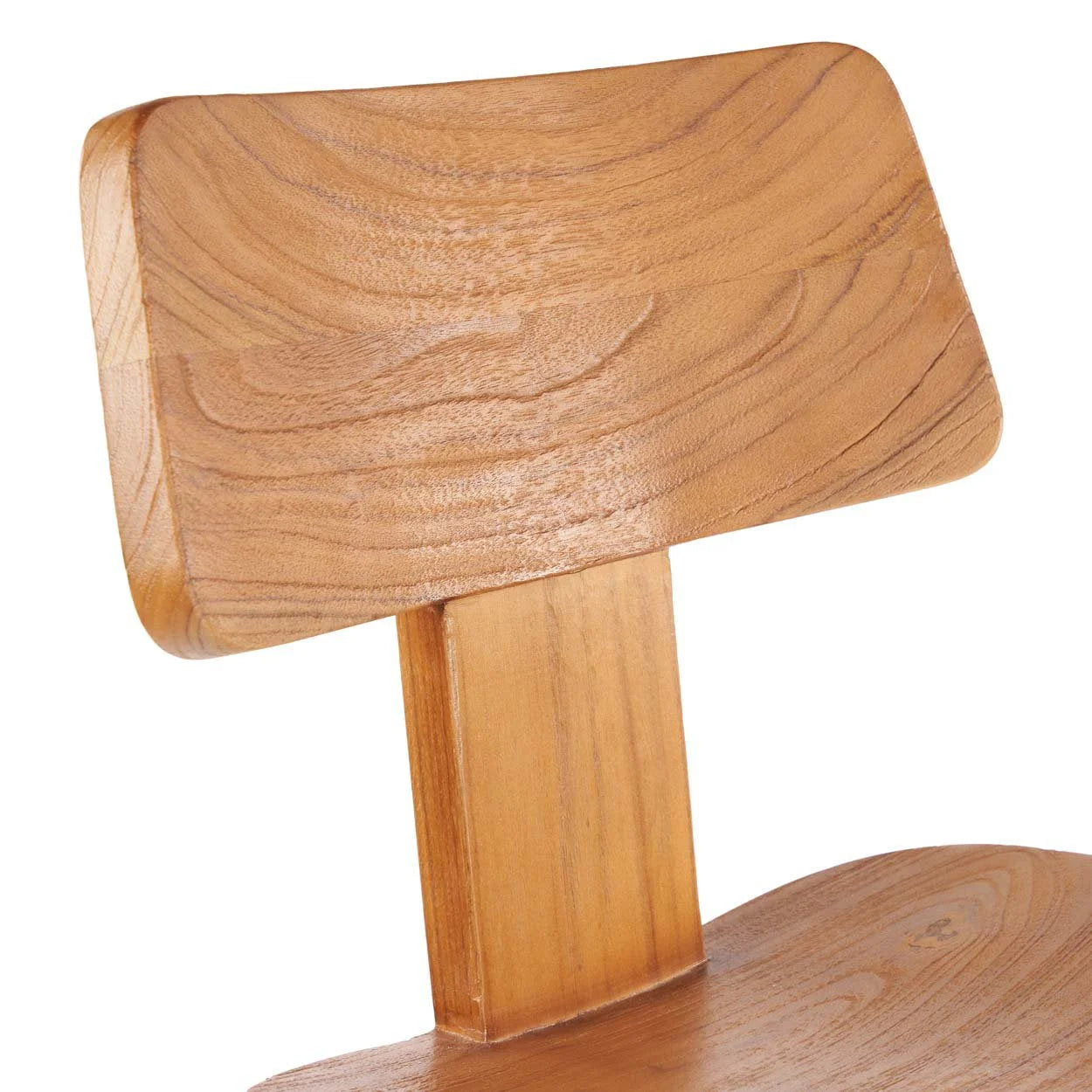 Dossier incurvé en bois avec grain visible sur le tabouret de bar en teck naturel H109 cm
