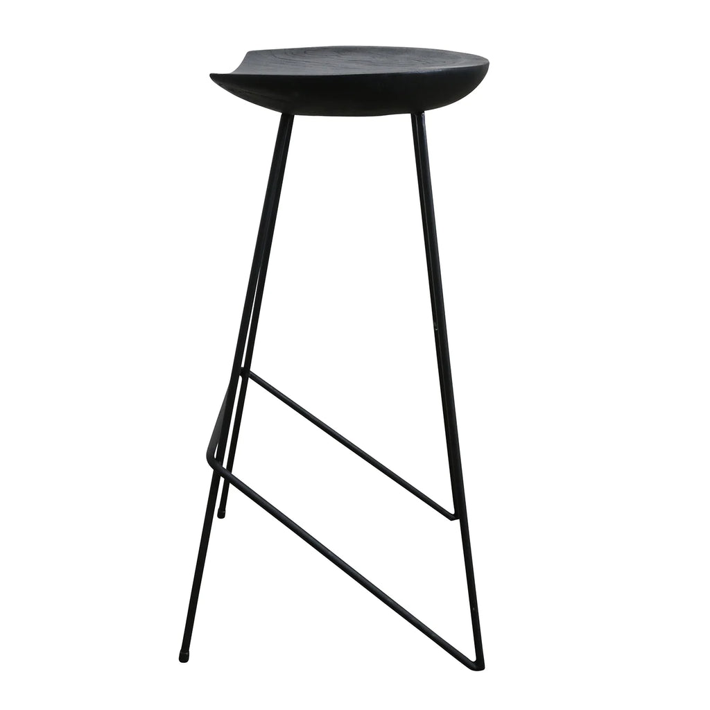 Tabouret de bar en teck noir mat élégant avec pieds métal - 41x42x77 cm
