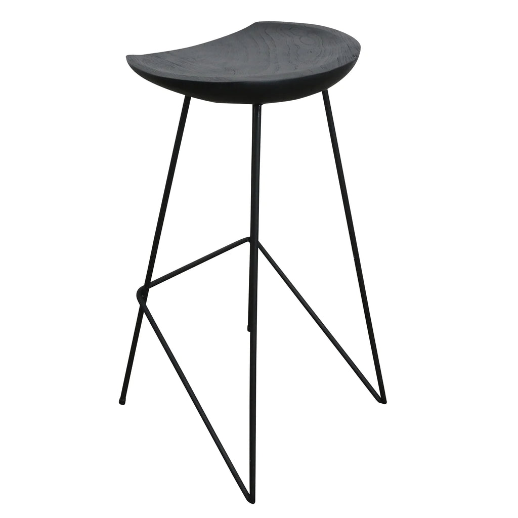 Tabouret de bar en teck noir mat élégant métal, vue dos, 41x42x77 cm