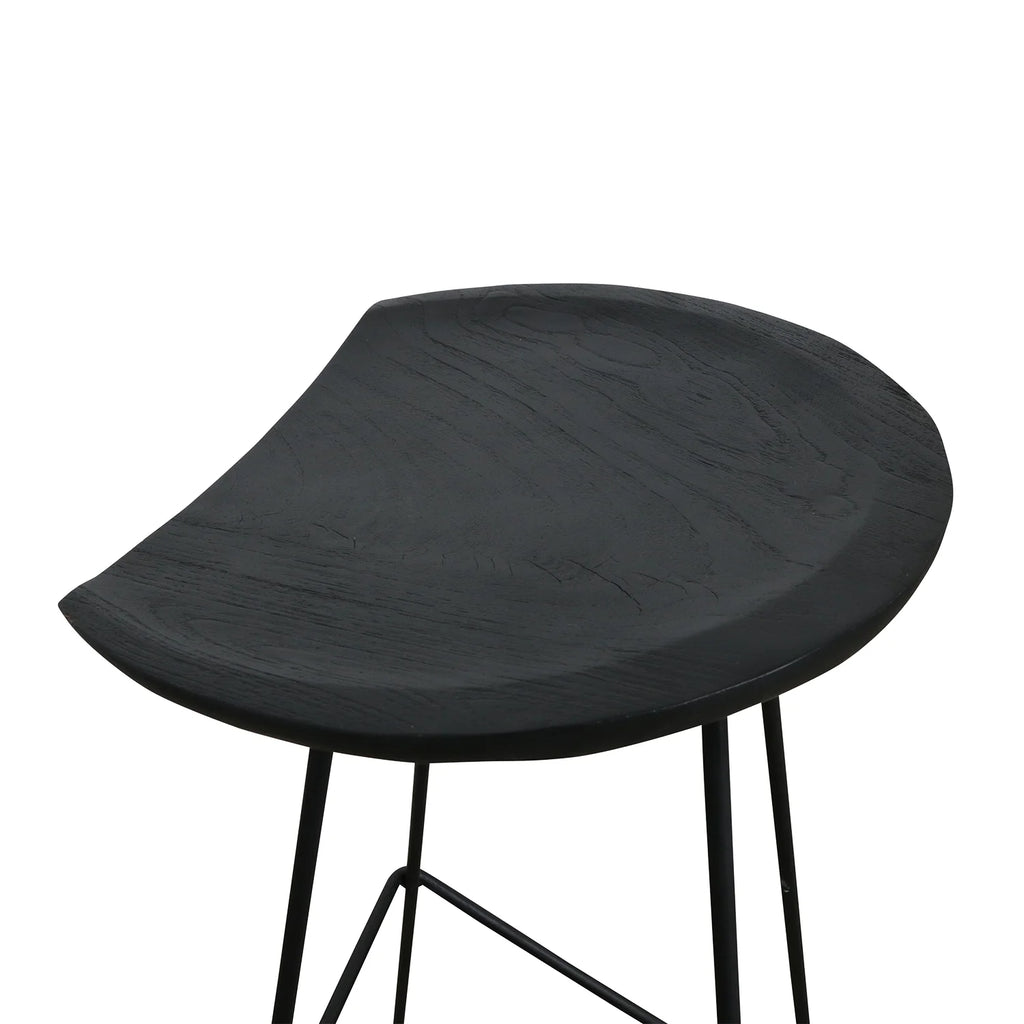 Tabouret de bar en teck noir mat, métal élégant, 41x42x77 cm