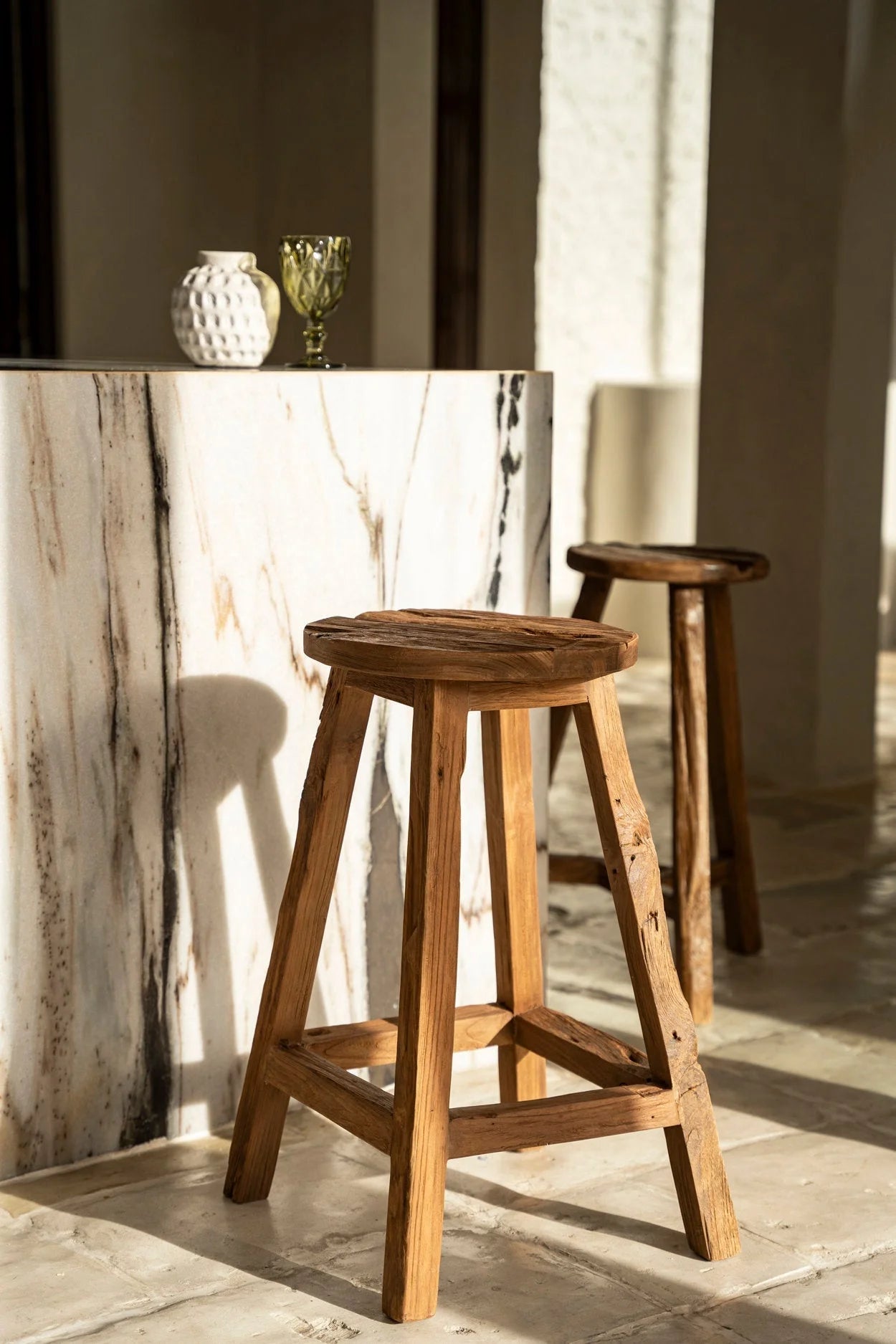 Tabouret de bar en teck recyclé brun naturel, assise ronde H70 cm