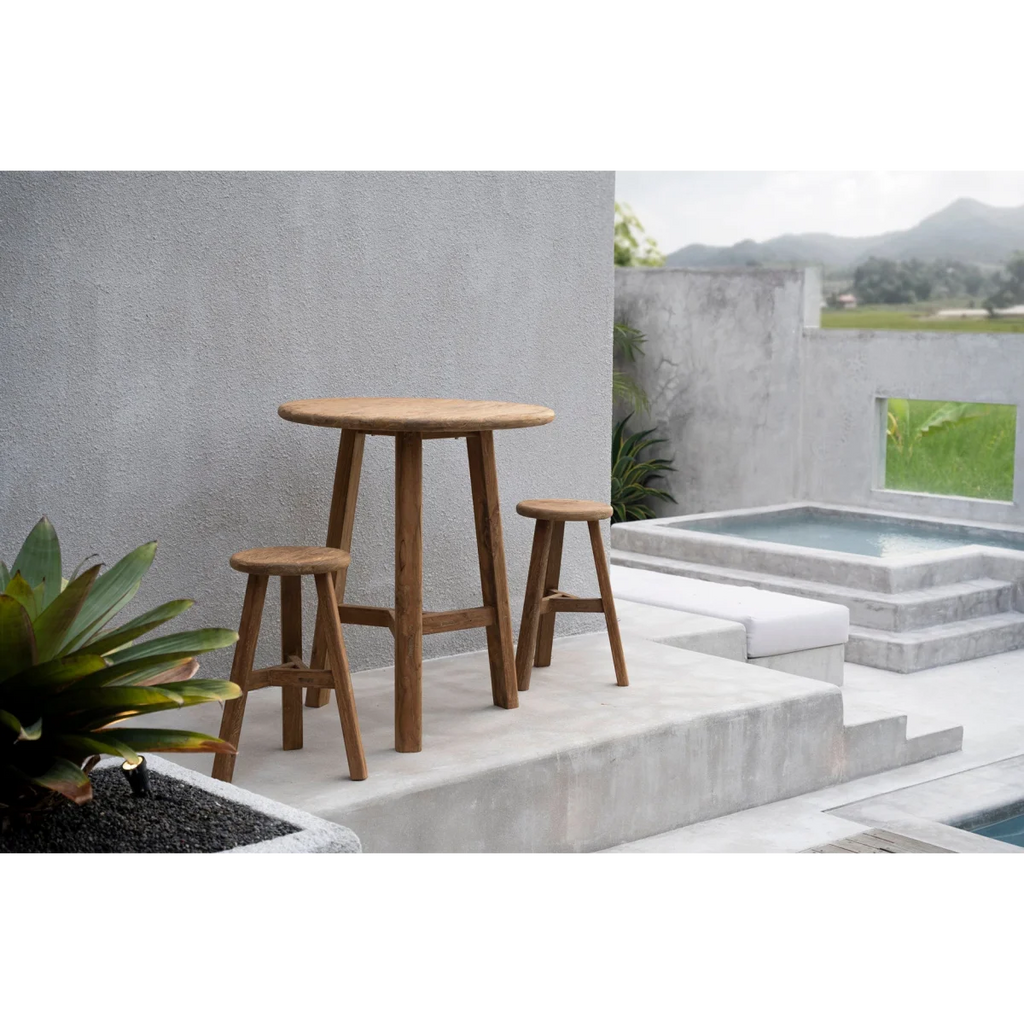 Tabouret de bar en teck recyclé naturel, siège rond, H66 cm