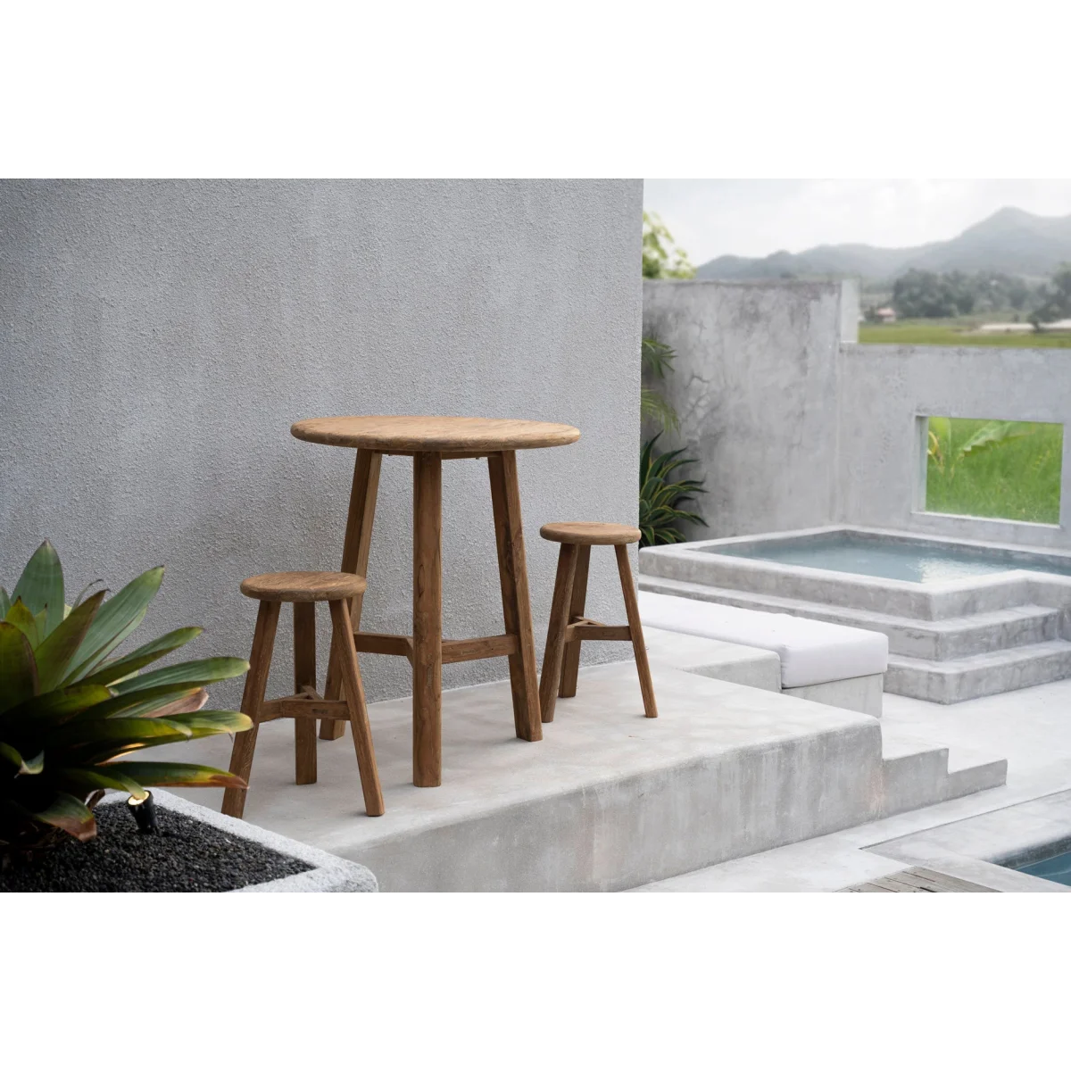 Tabouret de bar en teck recyclé naturel, siège rond, H66 cm