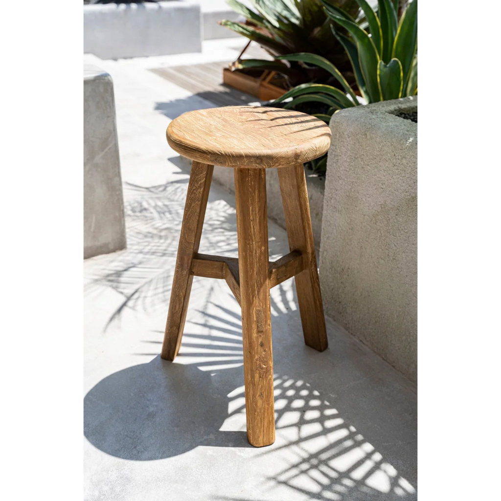 Tabouret de bar en teck recyclé naturel, H66 cm, intérieur/extérieur