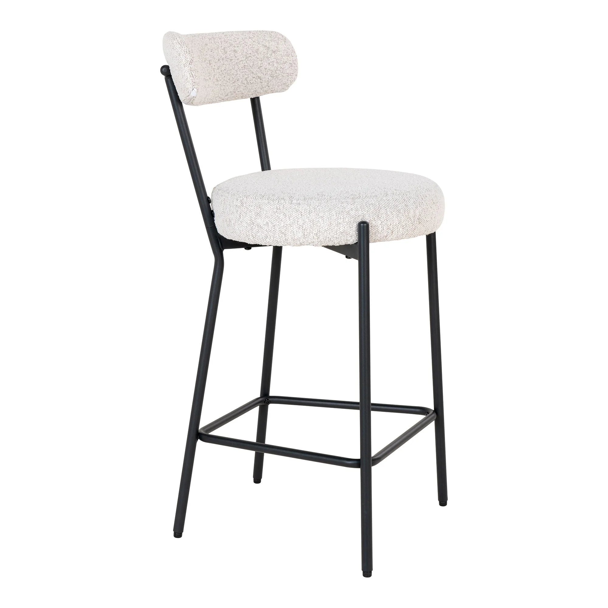 Tabouret de bar en tissu bouclé blanc avec structure métal noir et assise sherpa