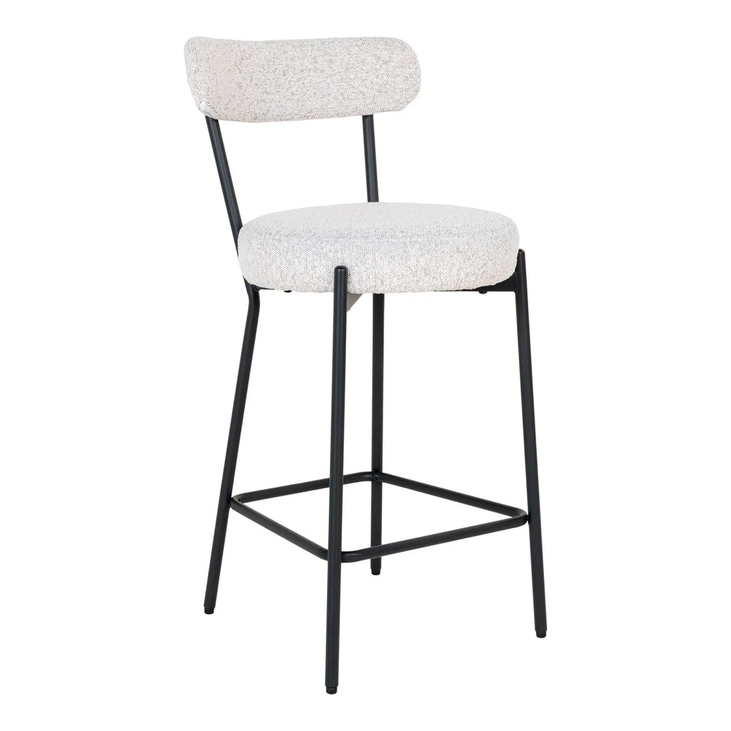 Tabouret de bar moderne en tissu bouclé blanc et métal noir H65 cm