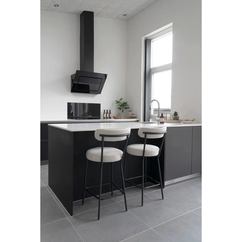 Tabouret de bar en tissu bouclé blanc sur structure métal noir H65 cm